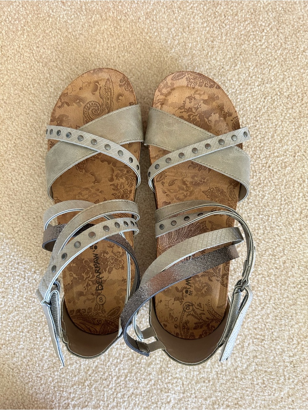 BearPaw Taupe Crisscross Studded Leather Sandals